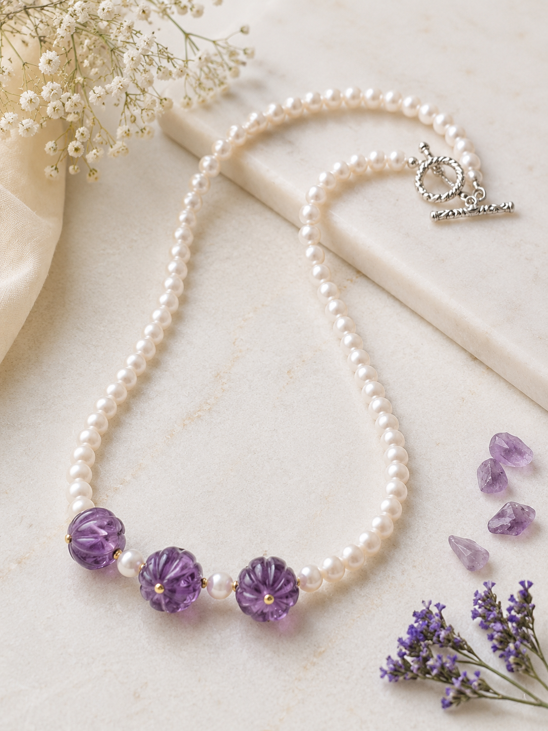 Amethyst & Pearl Melon Bead Necklace