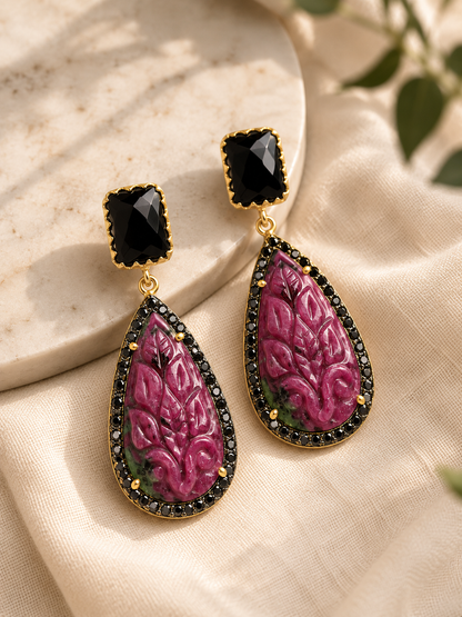 Crimson Muse - Ruby Zoisite Carved Earrings