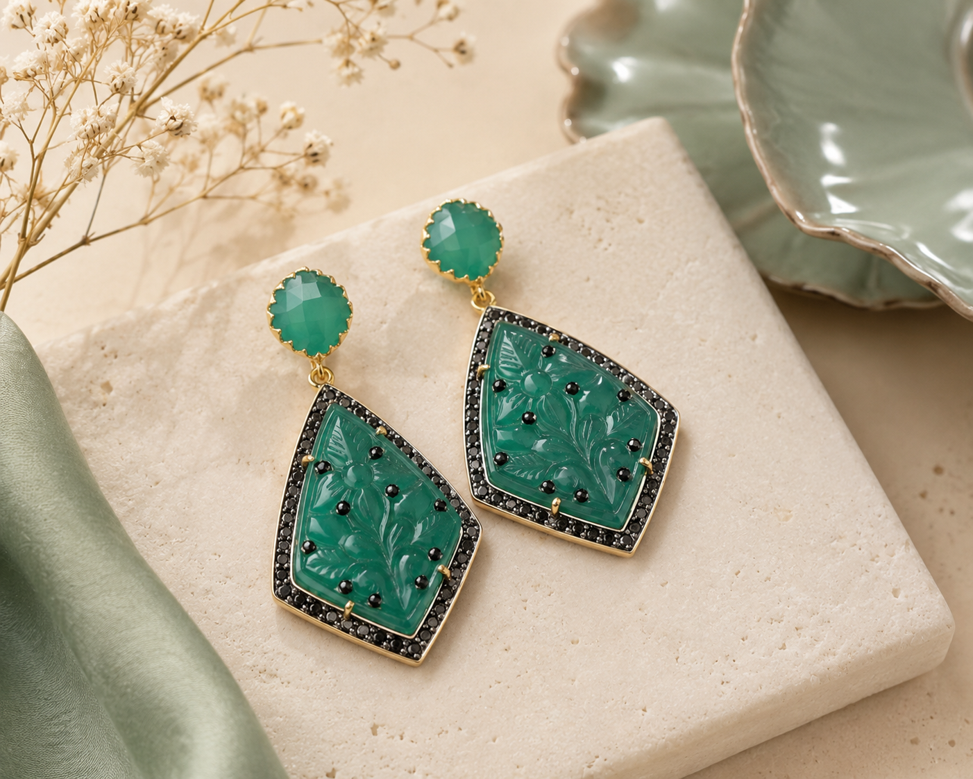 Hand-Carved Green Onyx Earrings