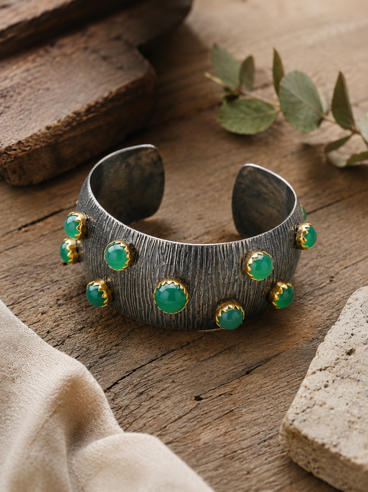 Green Onyx Textured Sterling Silver Cuff