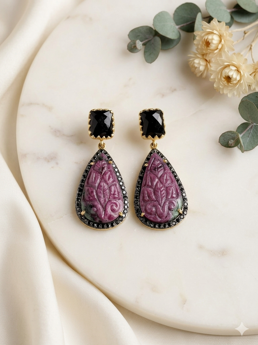 Earring Silver Carved Gemstone