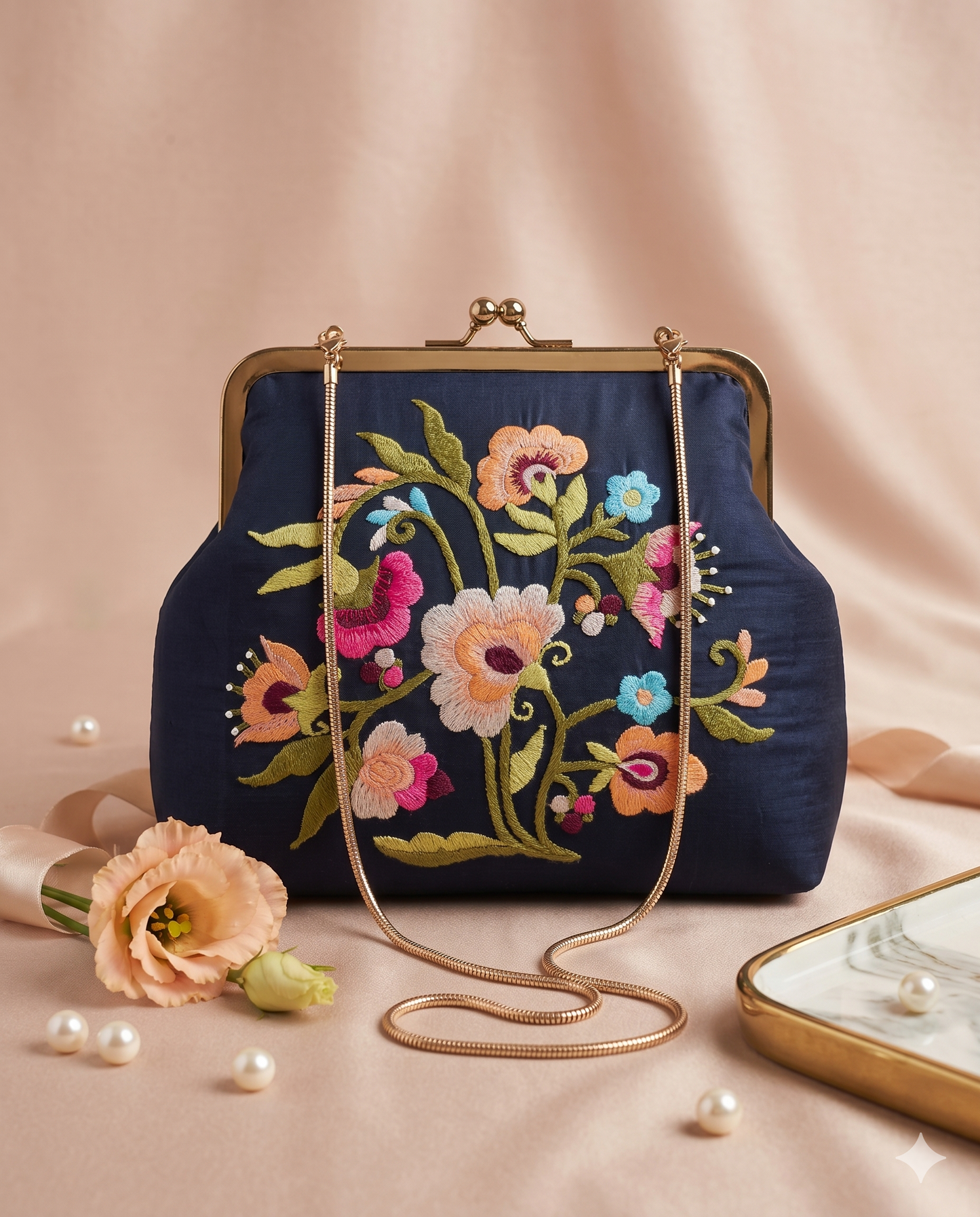 Floral Embroidered Black Velvet Clutch