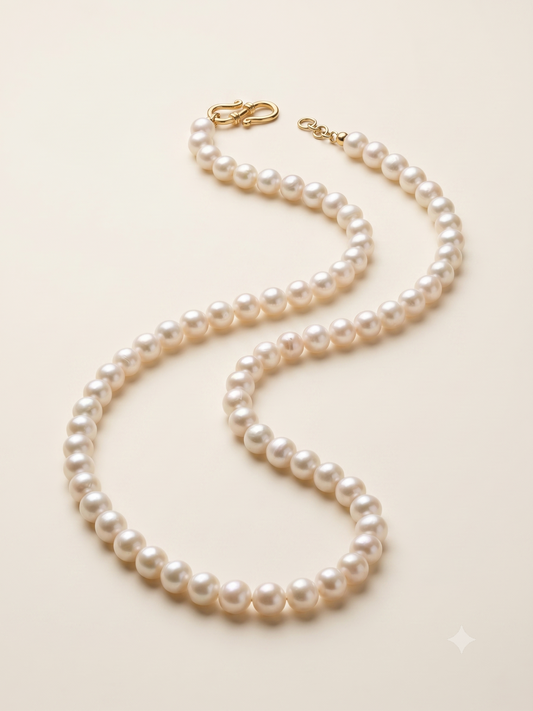 A single strand natural pearl necklace with a silver gold polished S clasp.

This product is not eligible for return.