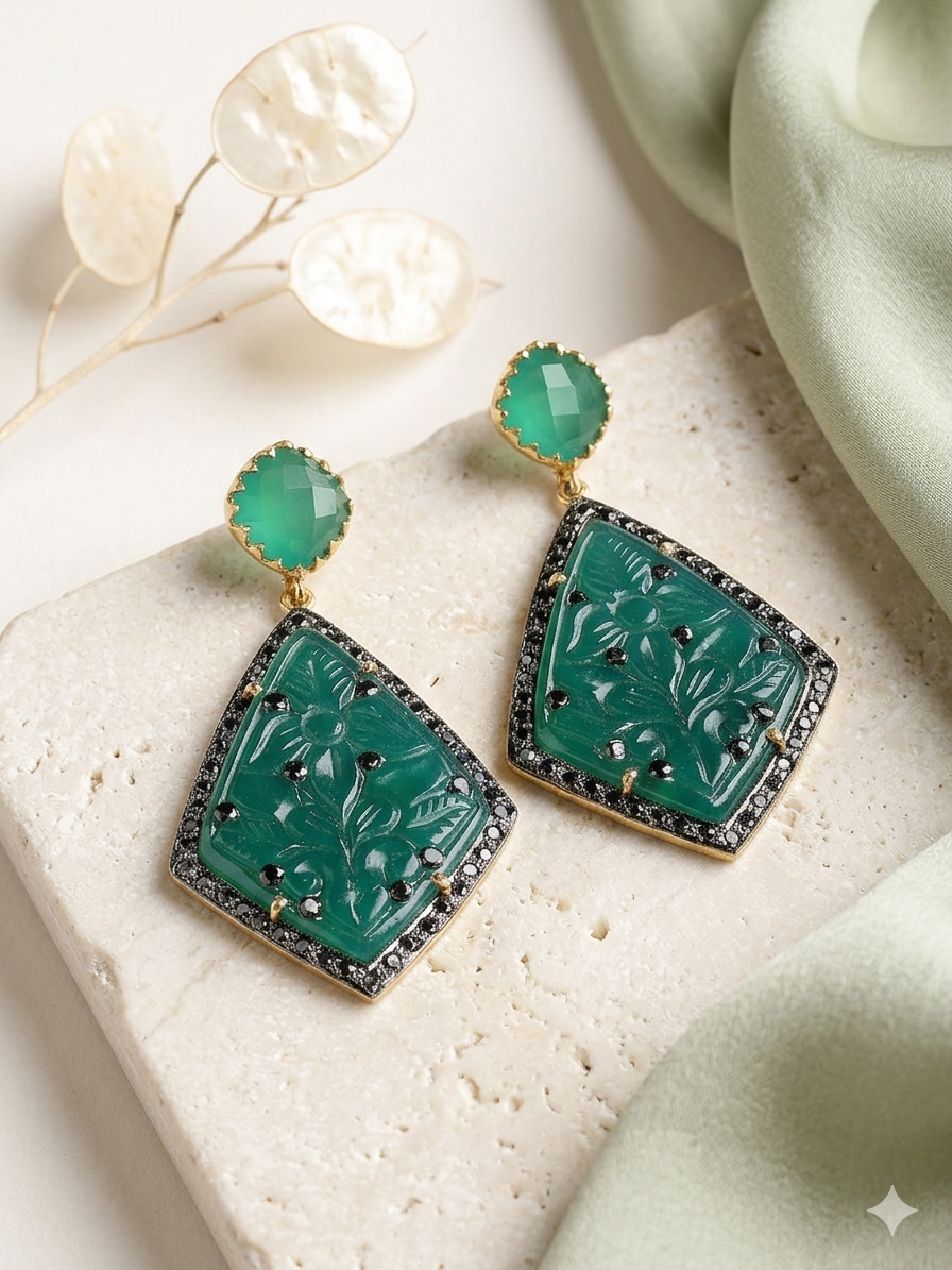 Earring Silver Carved Gemstone