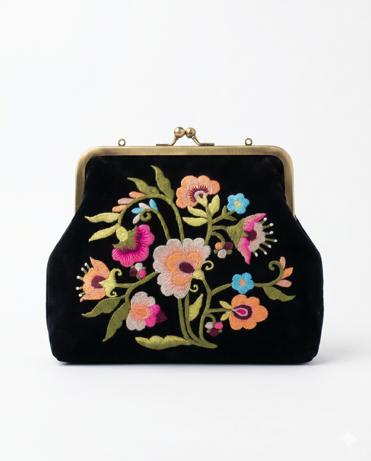 Floral Embroidered Black Velvet Clutch
