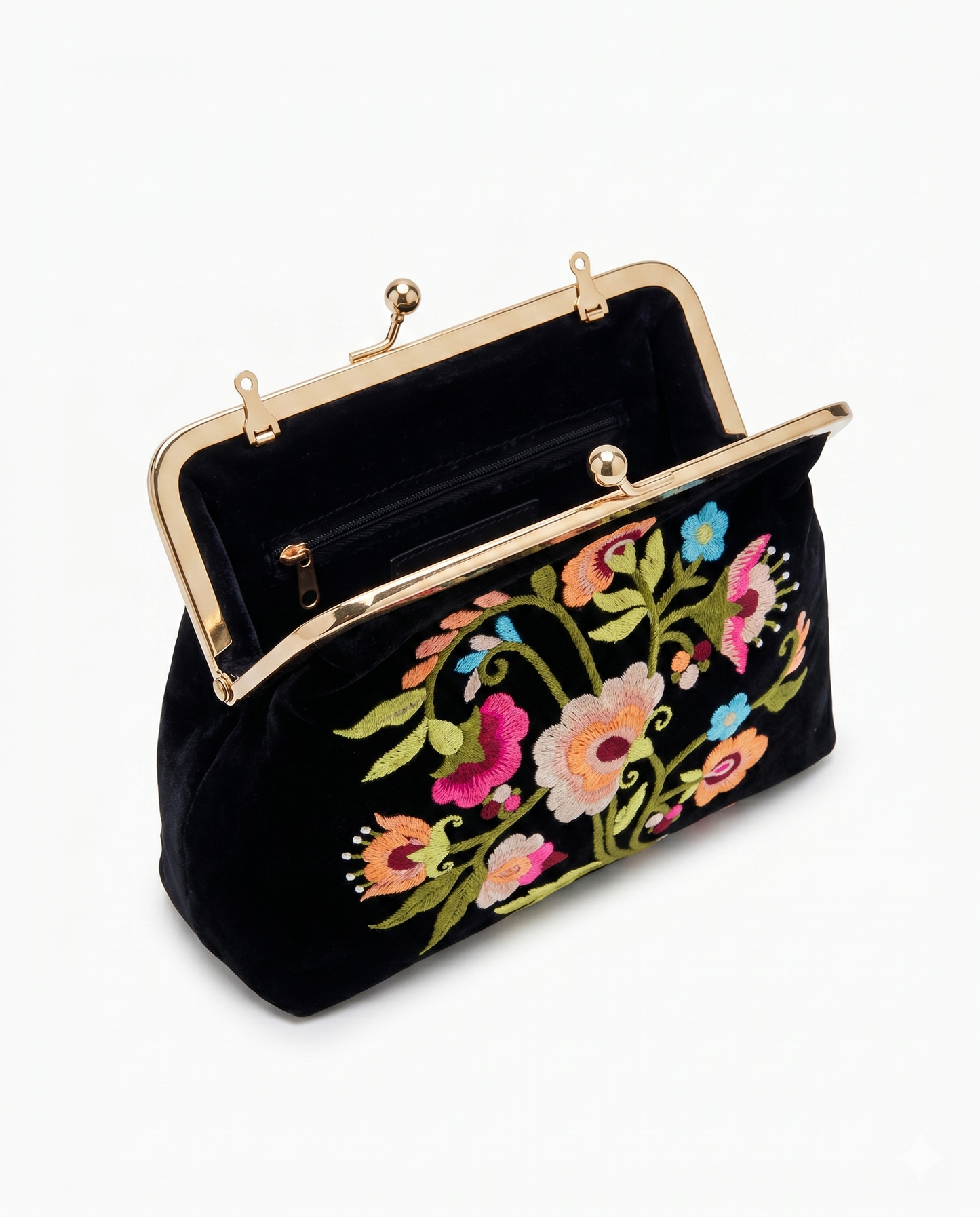 Floral Embroidered Black Velvet Clutch