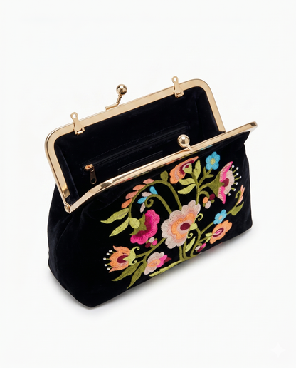 Floral Embroidered Black Velvet Clutch