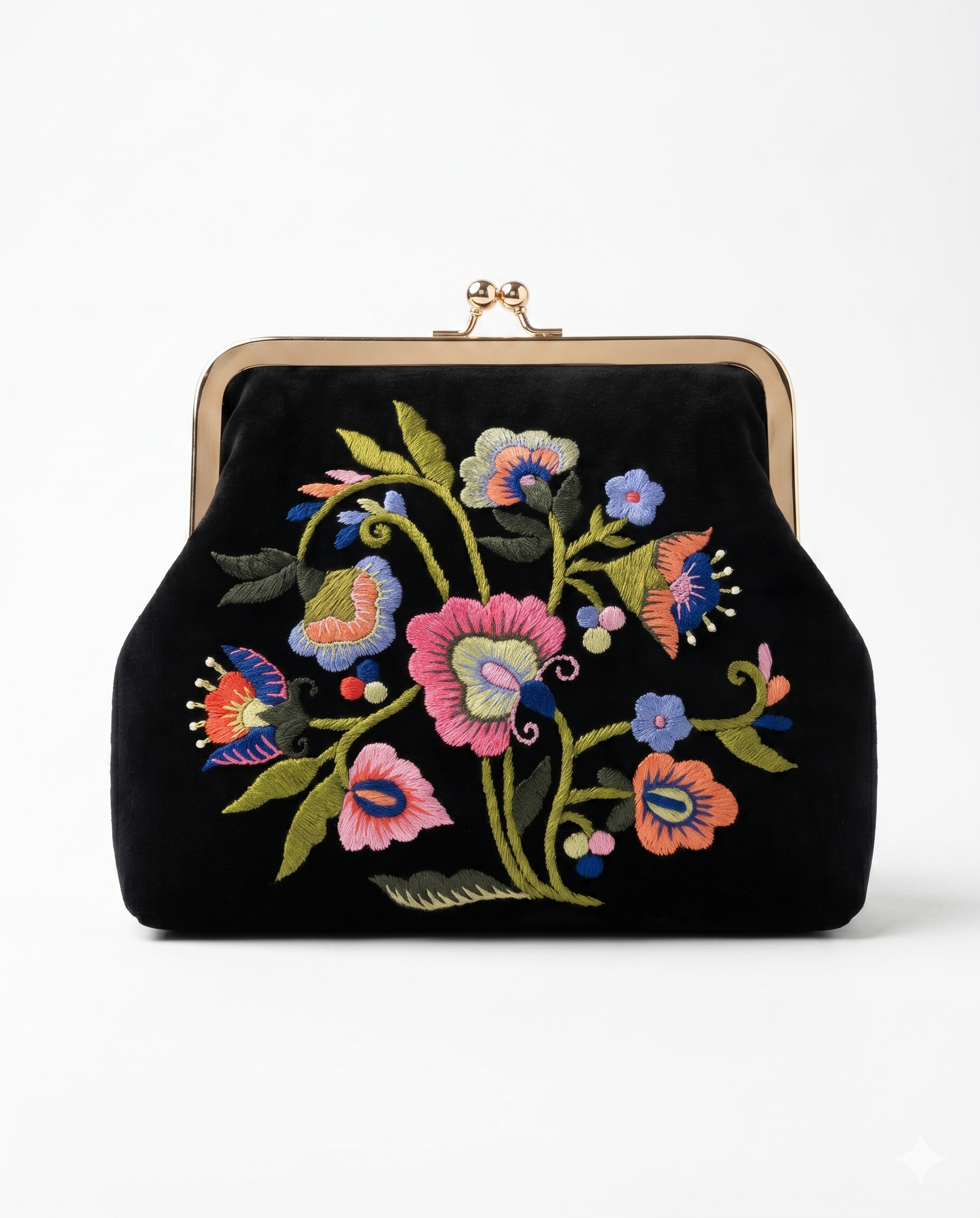 Floral Embroidered Black Velvet Clutch