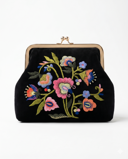 Floral Embroidered Black Velvet Clutch