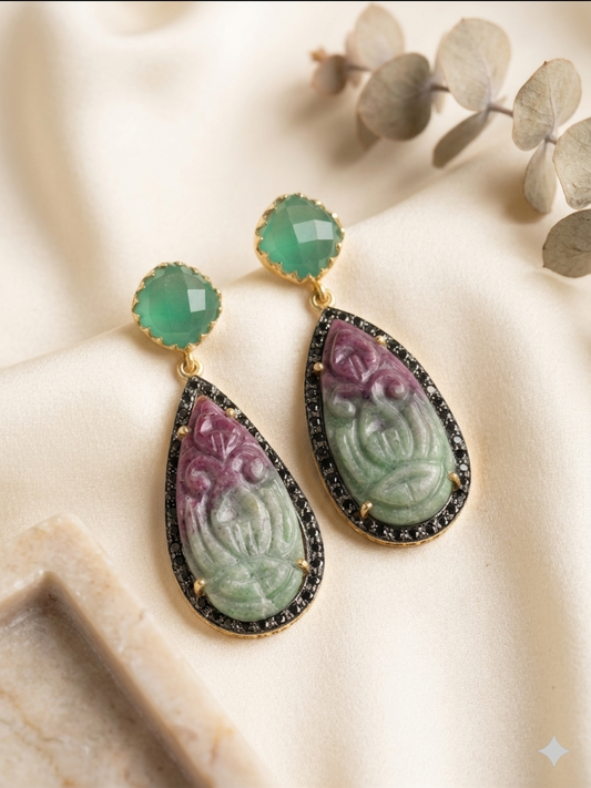 Earring Silver Carved Gemstone