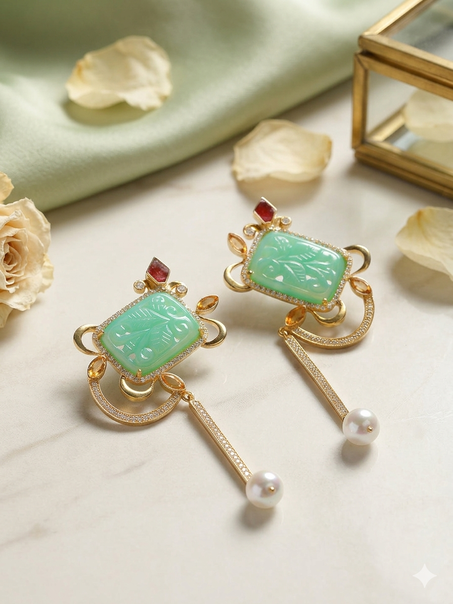 Earring Silver Carved Gemstone