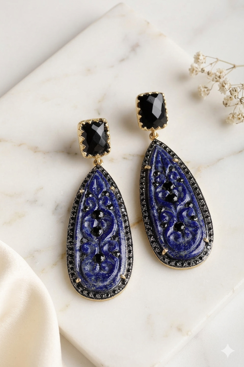 Earring Silver Carved Gemstone