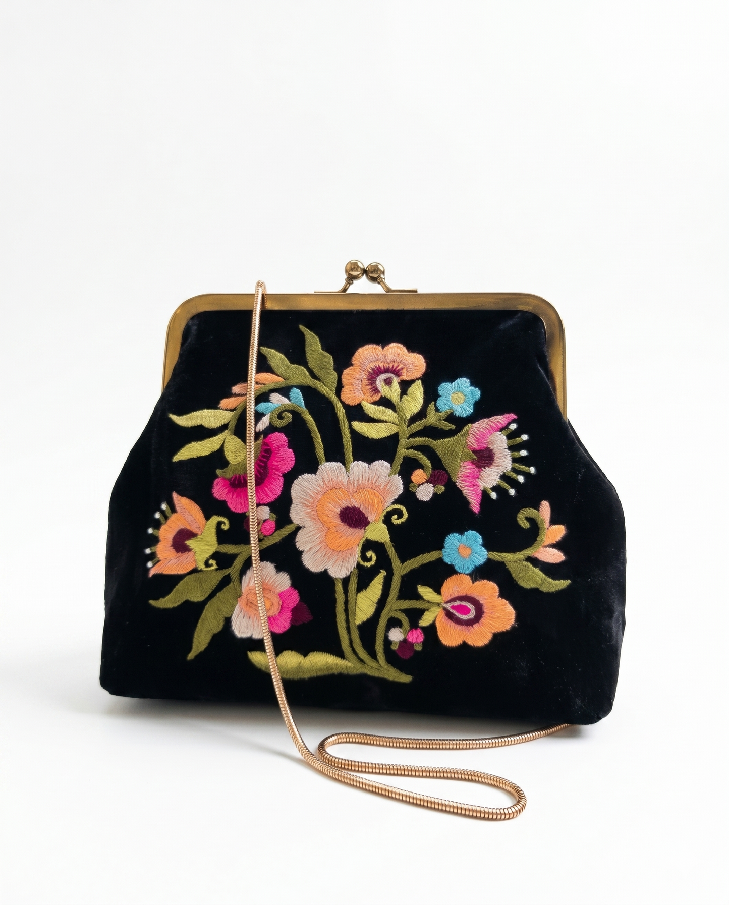 Floral Embroidered Black Velvet Clutch