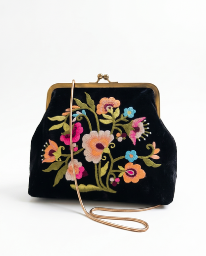 Floral Embroidered Black Velvet Clutch