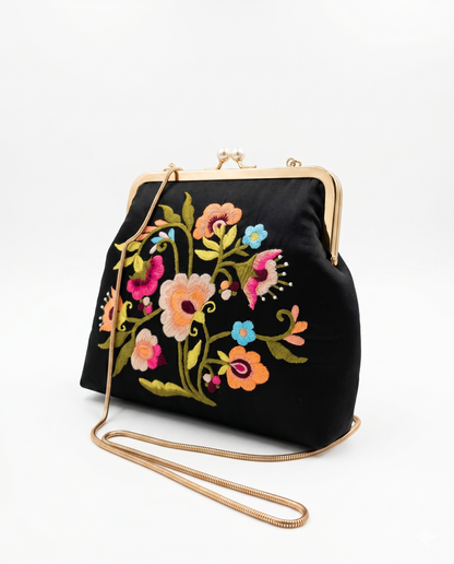 Floral Embroidered Black Velvet Clutch