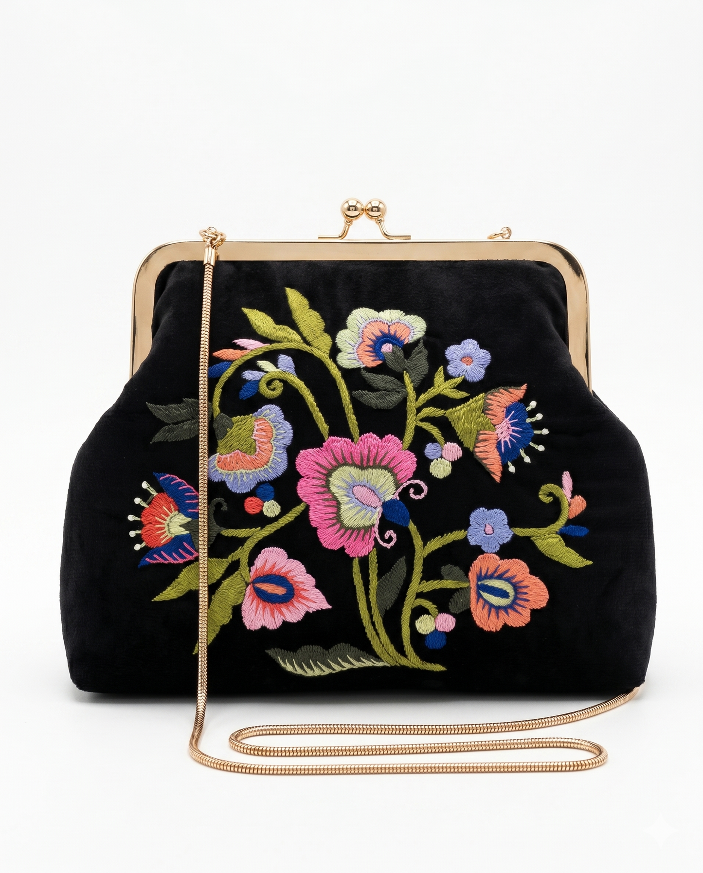 Floral Embroidered Black Velvet Clutch