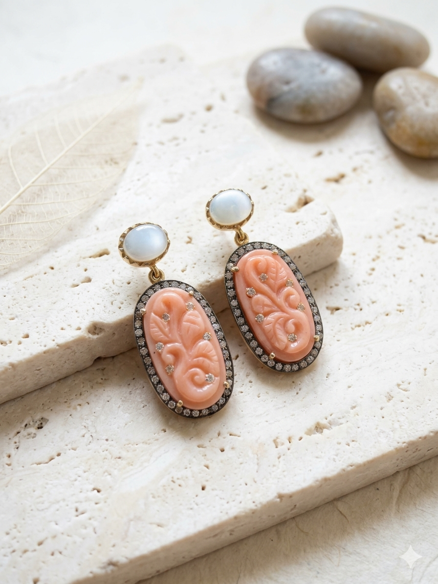 Earring Silver Carved Gemstone