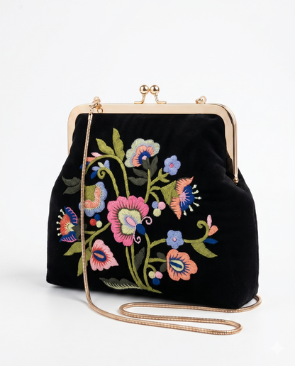 Floral Embroidered Black Velvet Clutch
