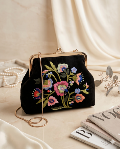 Floral Embroidered Black Velvet Clutch