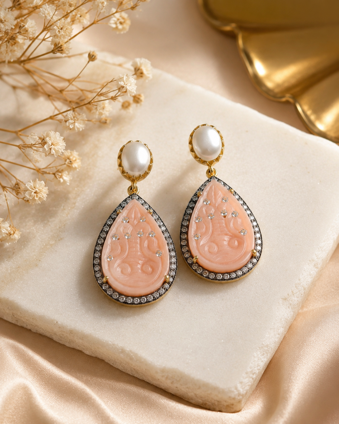 Peach Opal & Pearl Carved Earrings