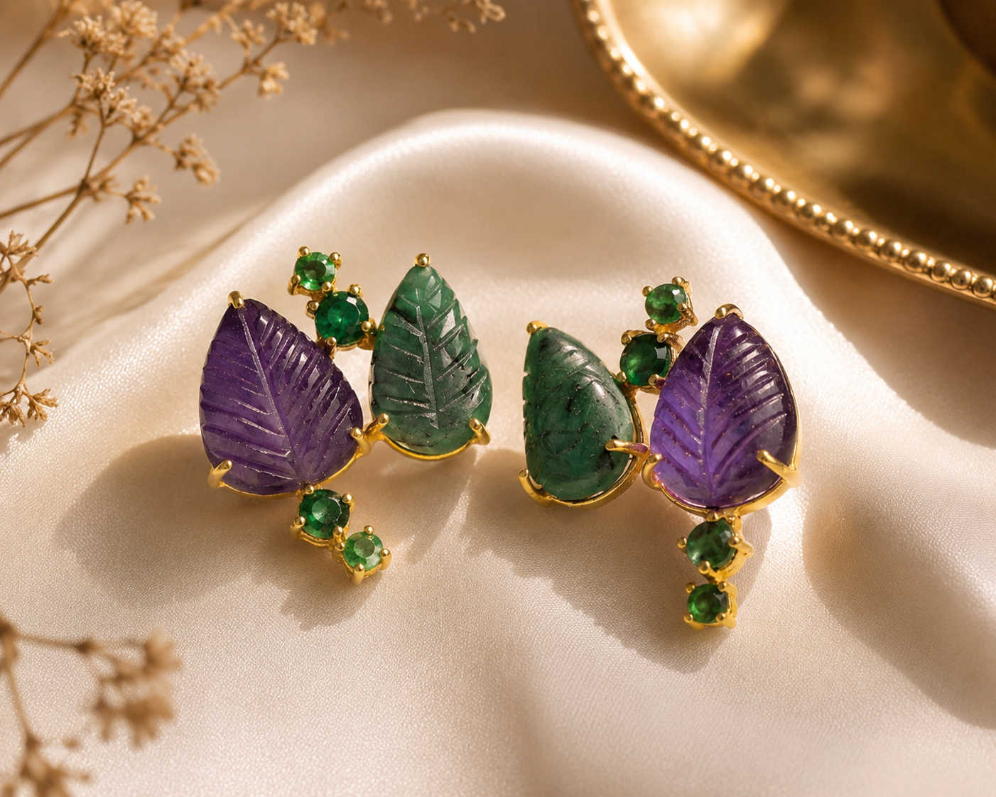Emerald & Amethyst Carved Leaf Earrings