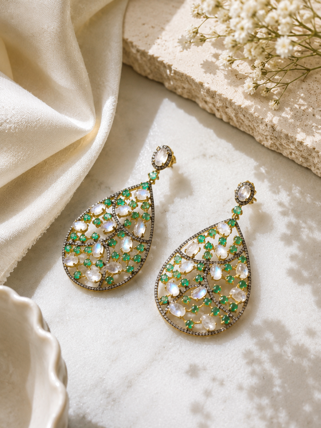 Moonstone & Green Onyx Victorian Earrings
