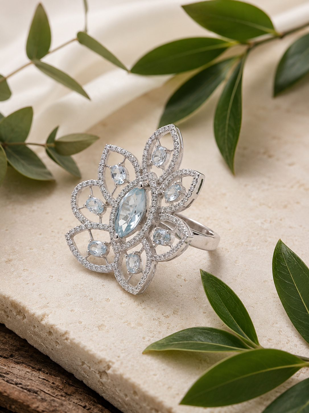 Blue Aqua Floral Statement CZ Ring