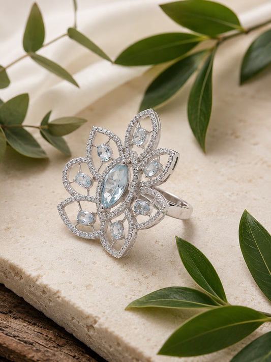Blue Aqua Floral Statement CZ Ring
