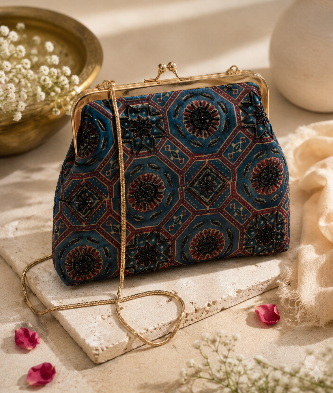 Heritage Blue Ajrak Silk Clutch