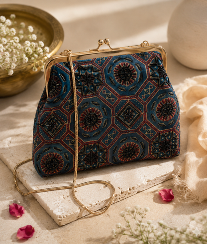 Heritage Blue Ajrak Silk Clutch