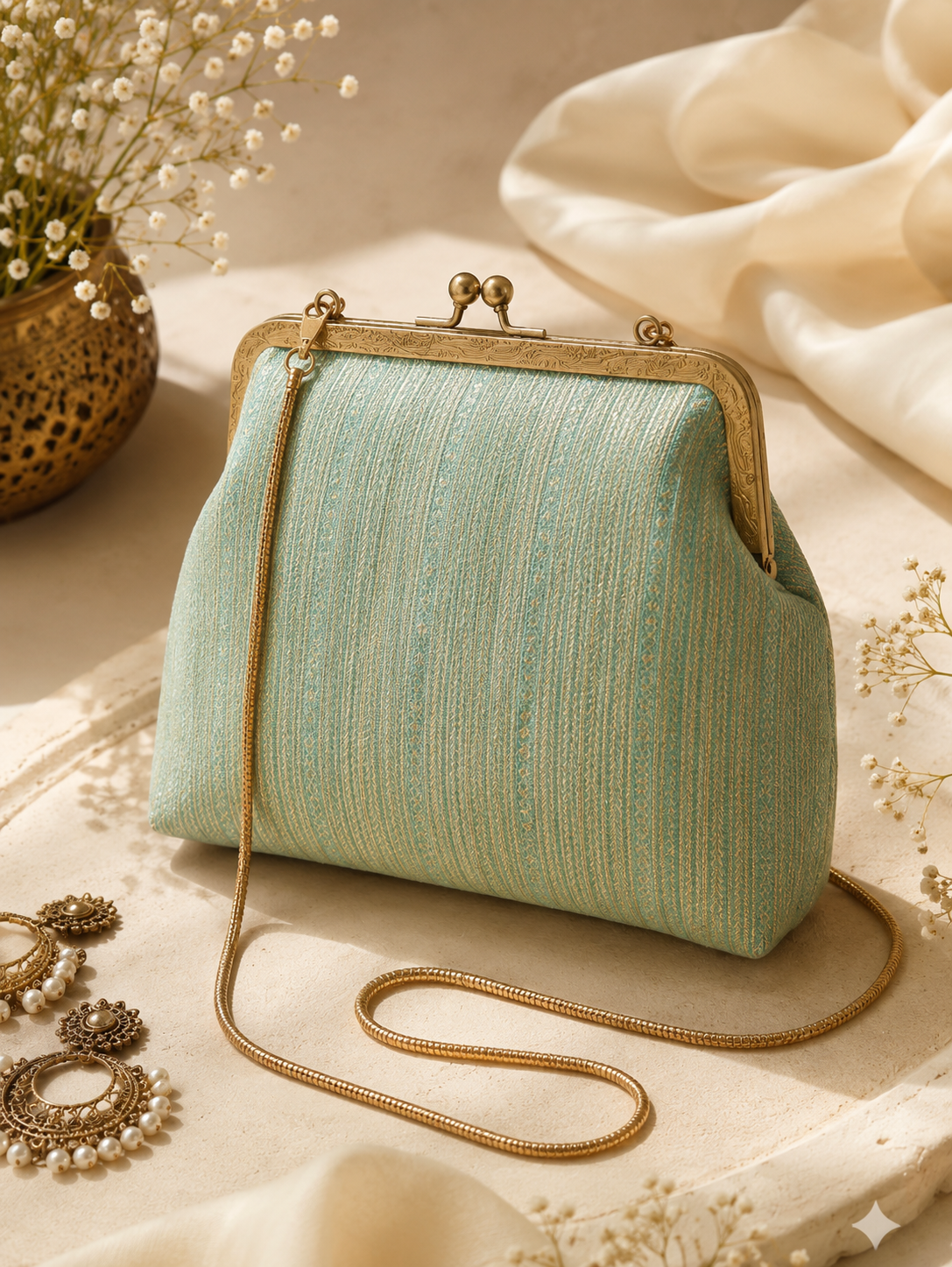 Aqua Silk Brocade Evening Clutch