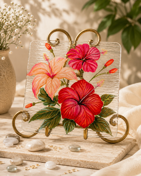 Blooms by Praccessorii- Hand-Painted Hibiscus Glass Décor