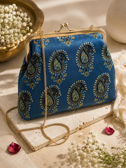 Heritage Blue Ajrak with Paisley Silk Clutch