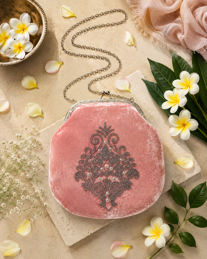 Blush Pink Velvet Hand-Embroidered Evening Bag