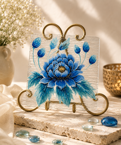 Blooms by Praccessorii- Hand-Painted Blue Floral Glass Décor