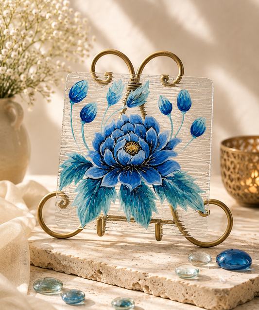Blooms by Praccessorii- Hand-Painted Blue Floral Glass Décor