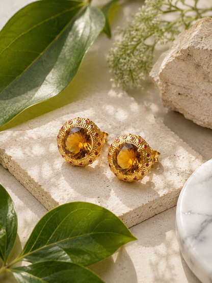 Beer Quartz & Ruby Stud Earrings