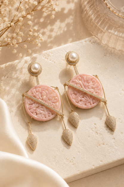 Peach Carved Opal and Pearl Statement Earrings