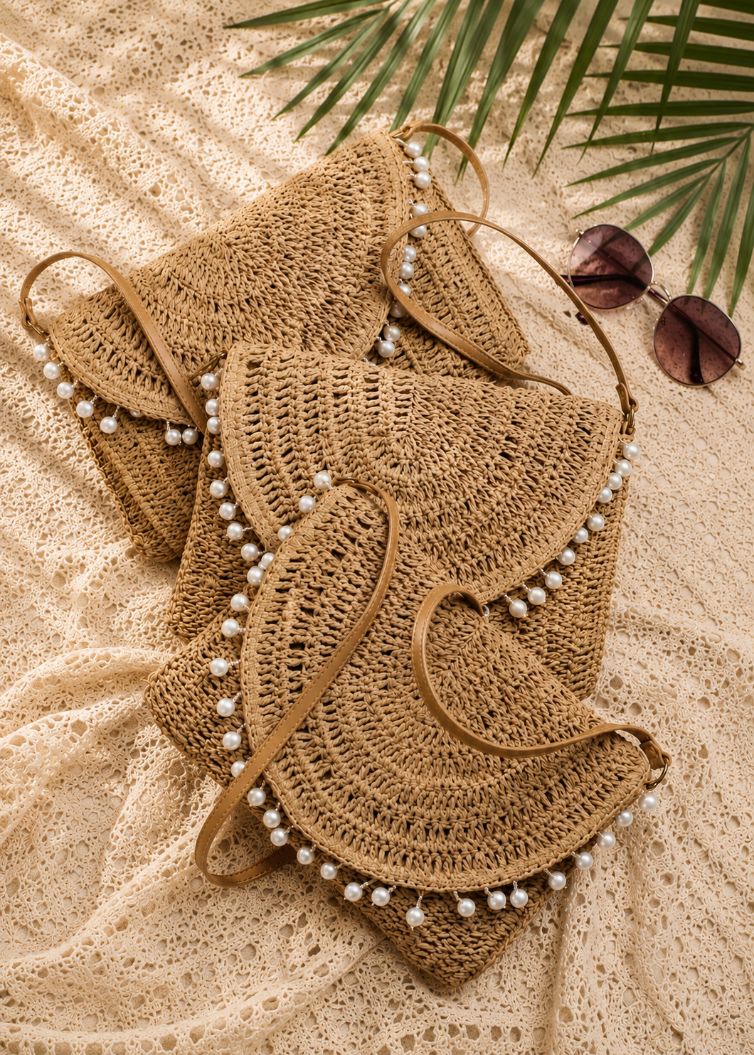 Handwoven Raffia Pearl Crossbody Bag