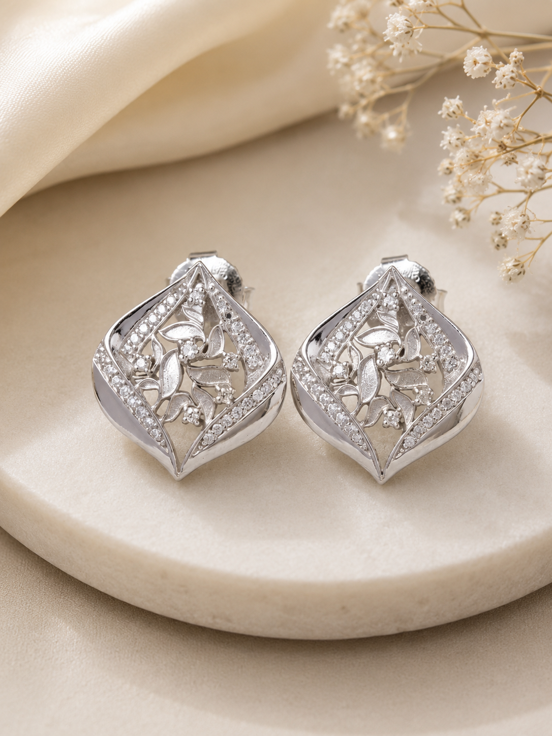 Floral Filigree Silver Stud Earrings