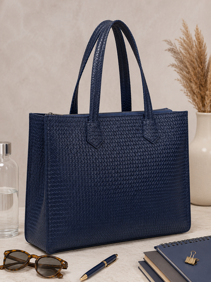 Navy Blue Woven Texture Laptop Tote Bag