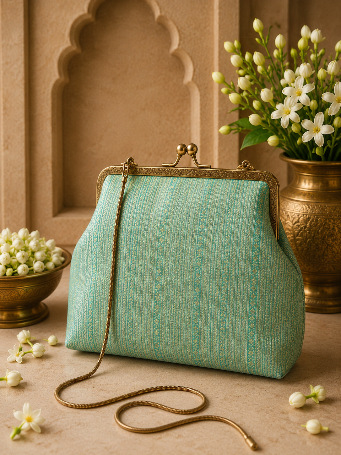 Aqua Silk Brocade Evening Clutch