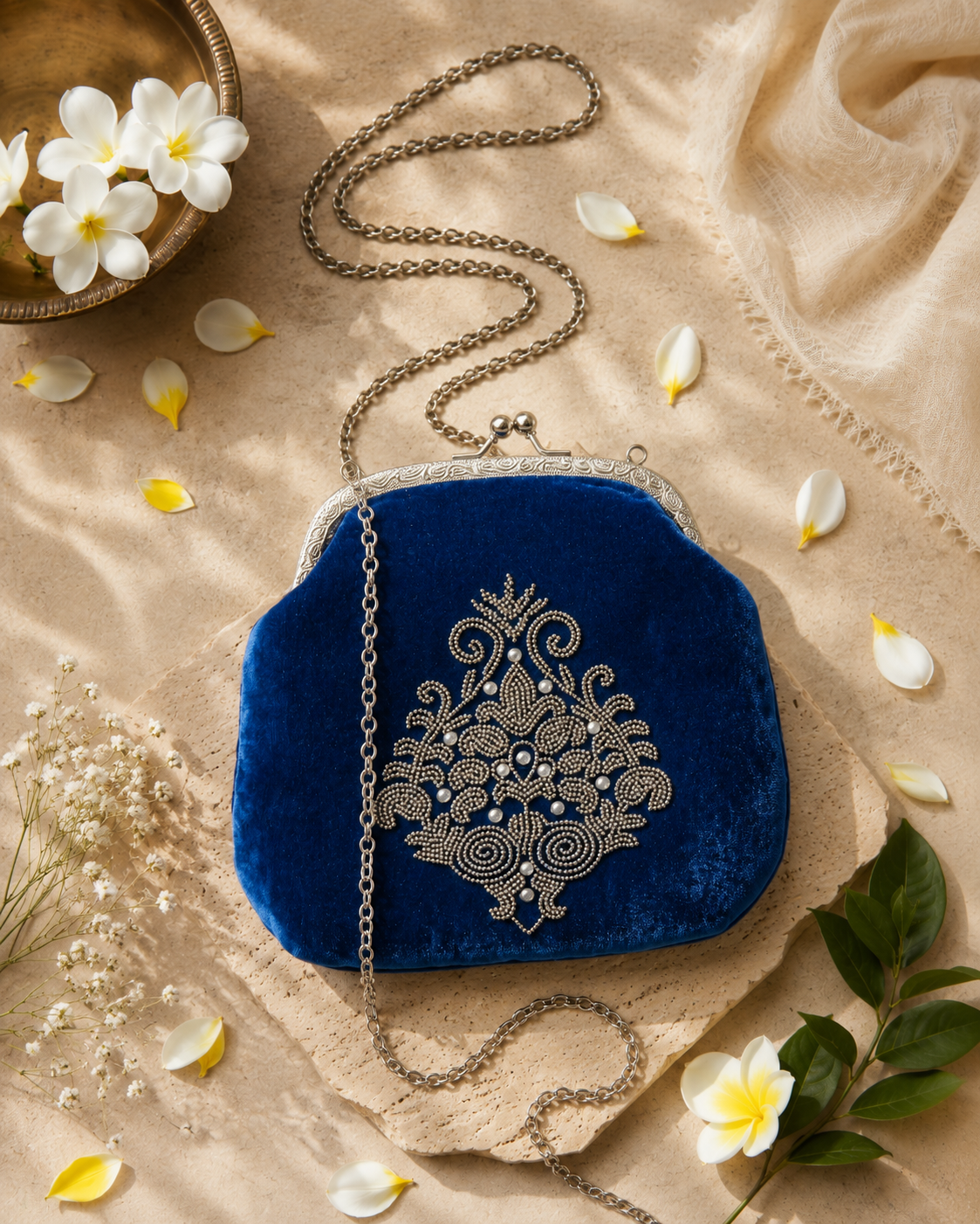 Royal Blue Velvet Hand-Embroidered Evening Bag