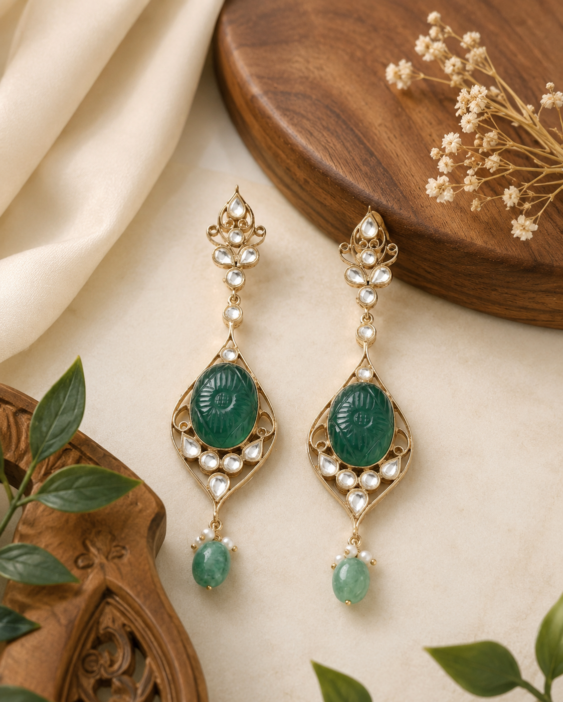 Green Onyx & Kundan Filigree Drop Earrings