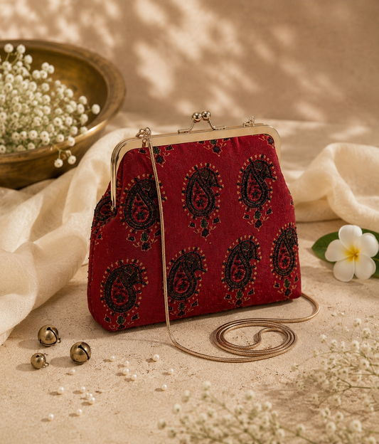 Heritage Ajrak Maroon Modal Silk Clutch