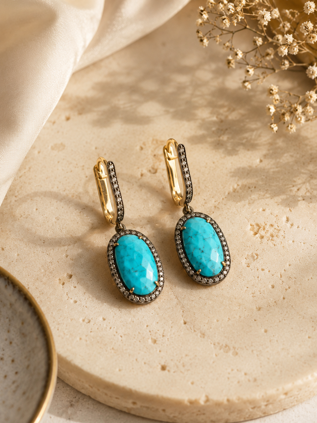 Turquoise Diamond Halo Ear Drops