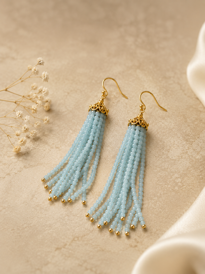 Aquamarine Beaded Tassel Earrings