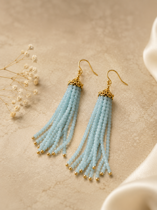 Aquamarine Beaded Tassel Earrings