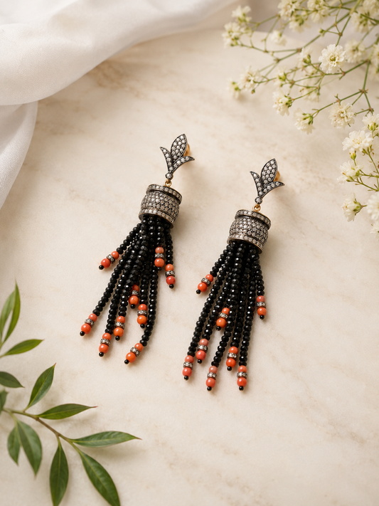 Black Onyx & Coral Chandelier Earrings