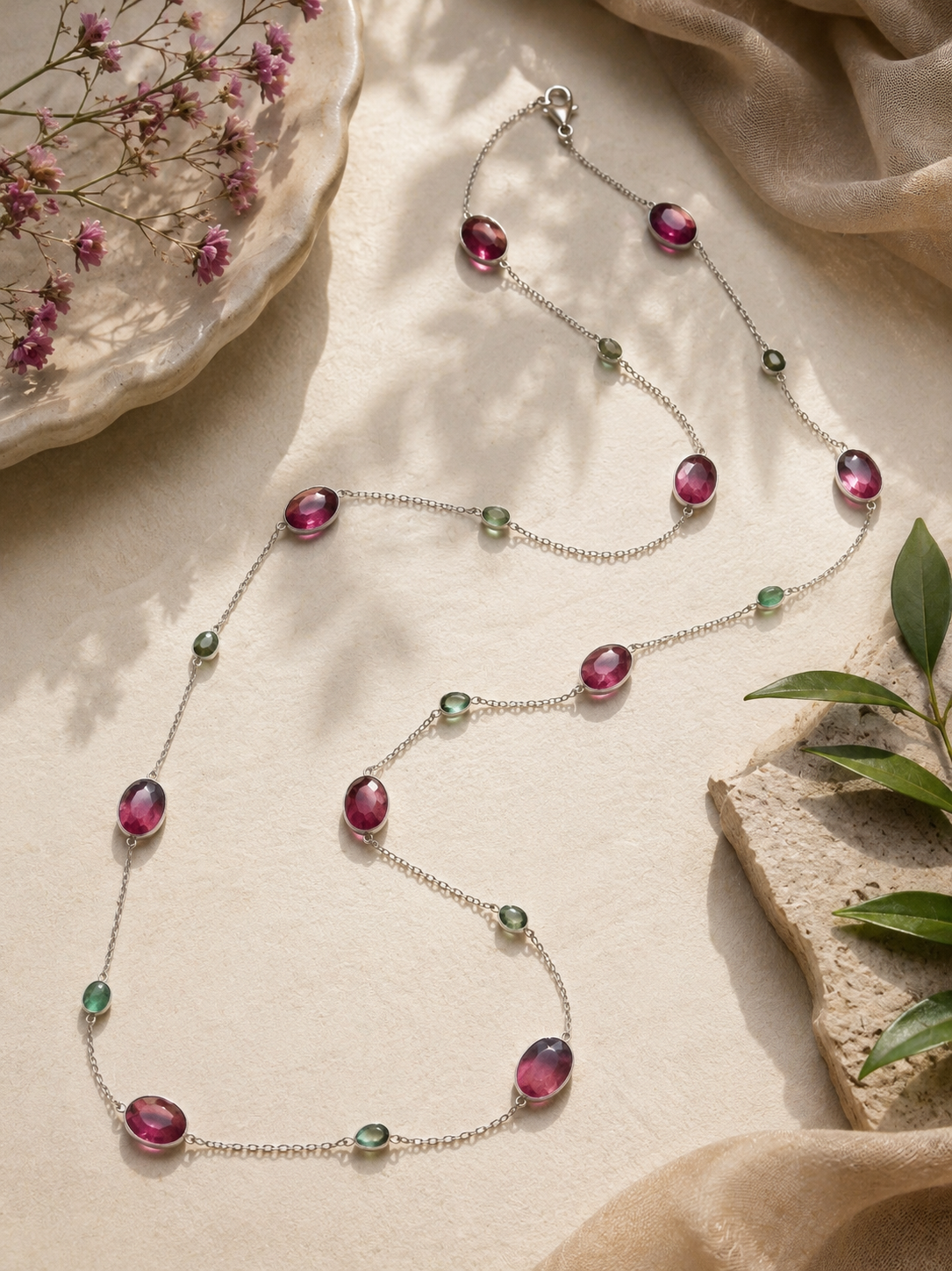 Silver Tourmaline & Emerald Station Necklace